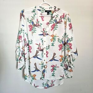 White Hummingbird Print Button Down Blouse Career Business Casual